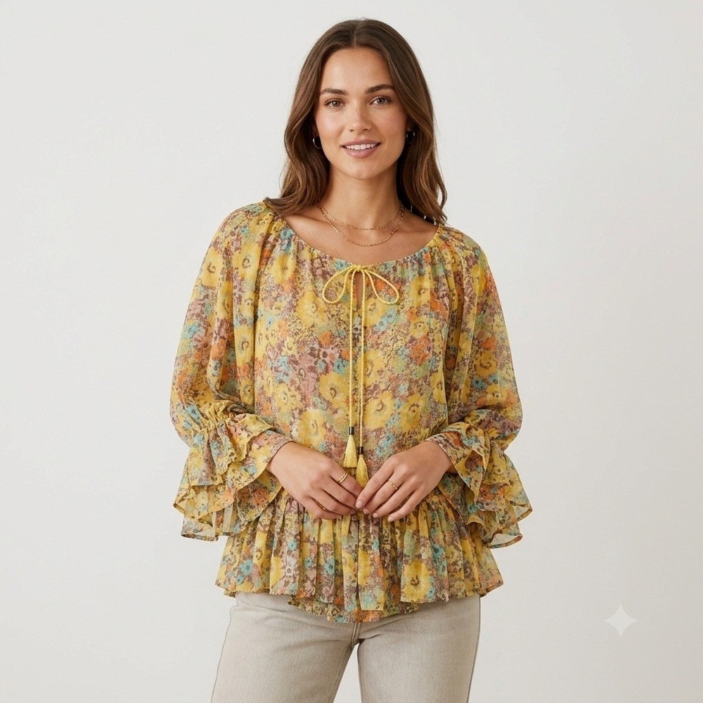 Y2K Moda International Peasant Top M Women Yellow Floral Peplum Ruffle Cuff Boho